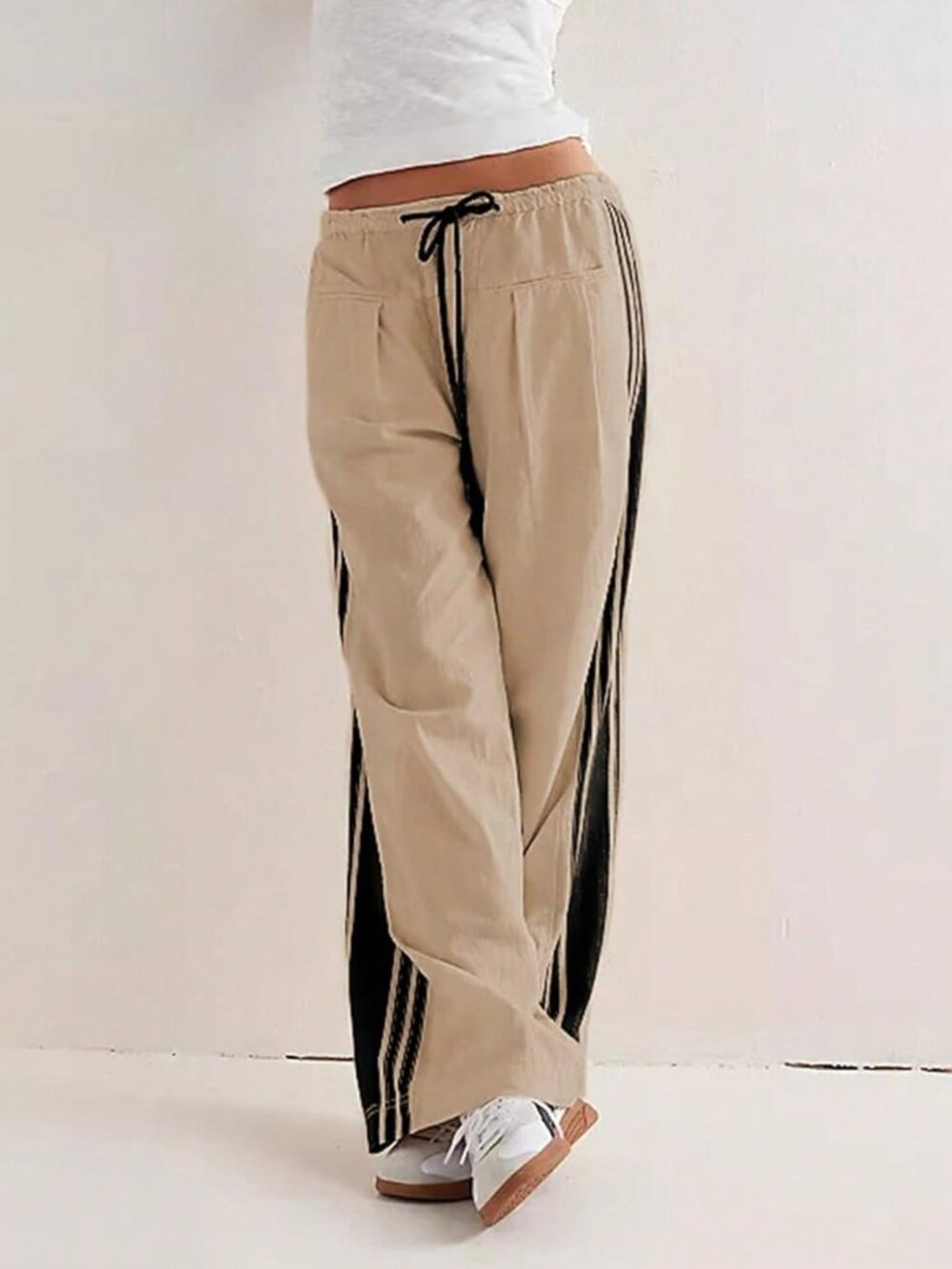 Khaki Wide Leg Women's High Rise Palazzo Casual Pants with Pockets